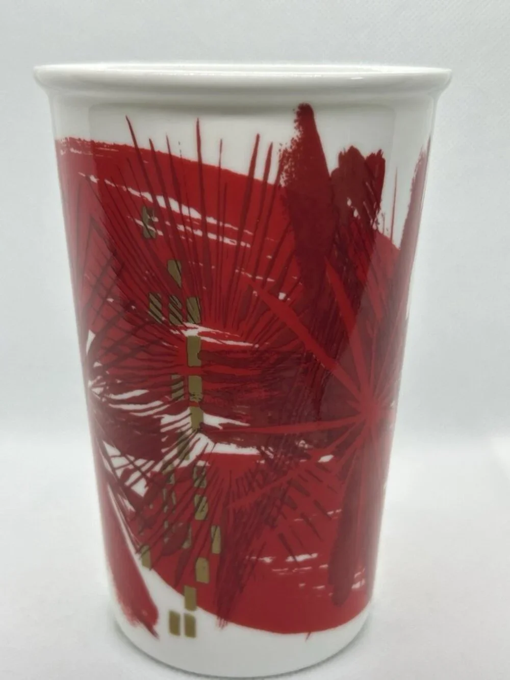 Starbucks Coffee ABSTRACT 12oz Cup Mug White Red Gold 2014 Holiday